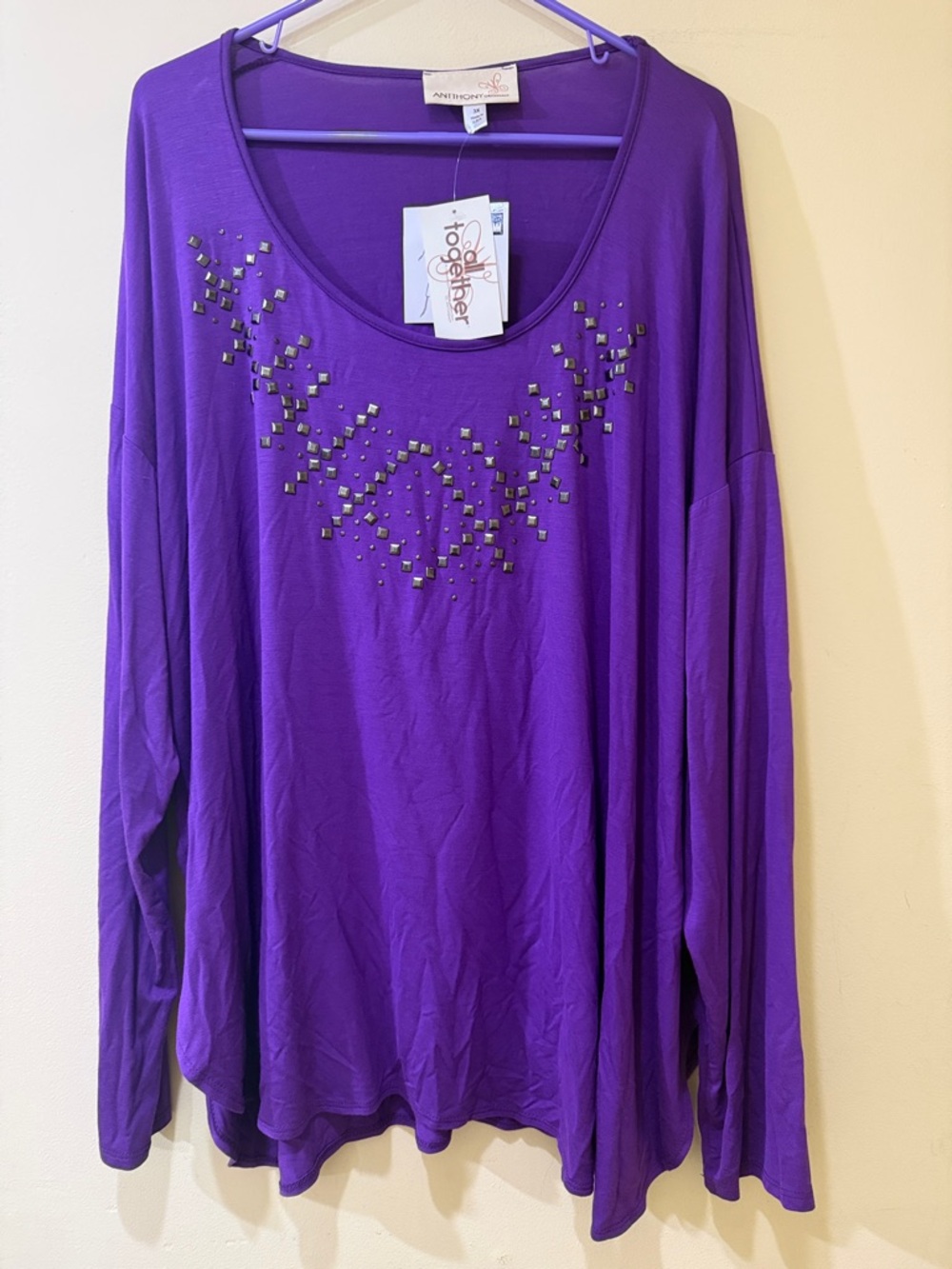 Together Purple Scoop-Neck Long Sleeve Top with Stud Detail  women’s 3XL